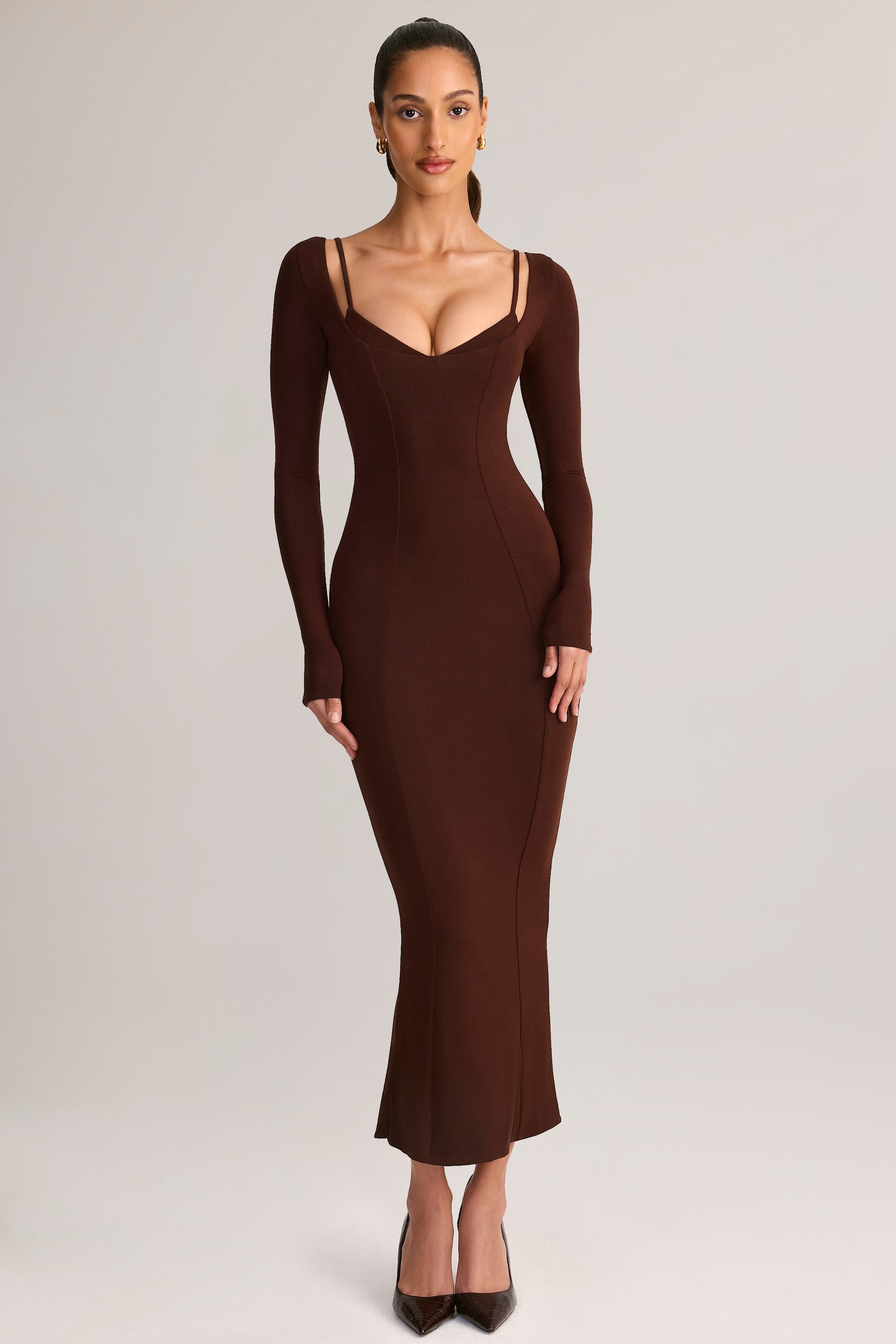Depny Off-Shoulder Long -Sleeve Maxi Dress in Chocolate Brown
