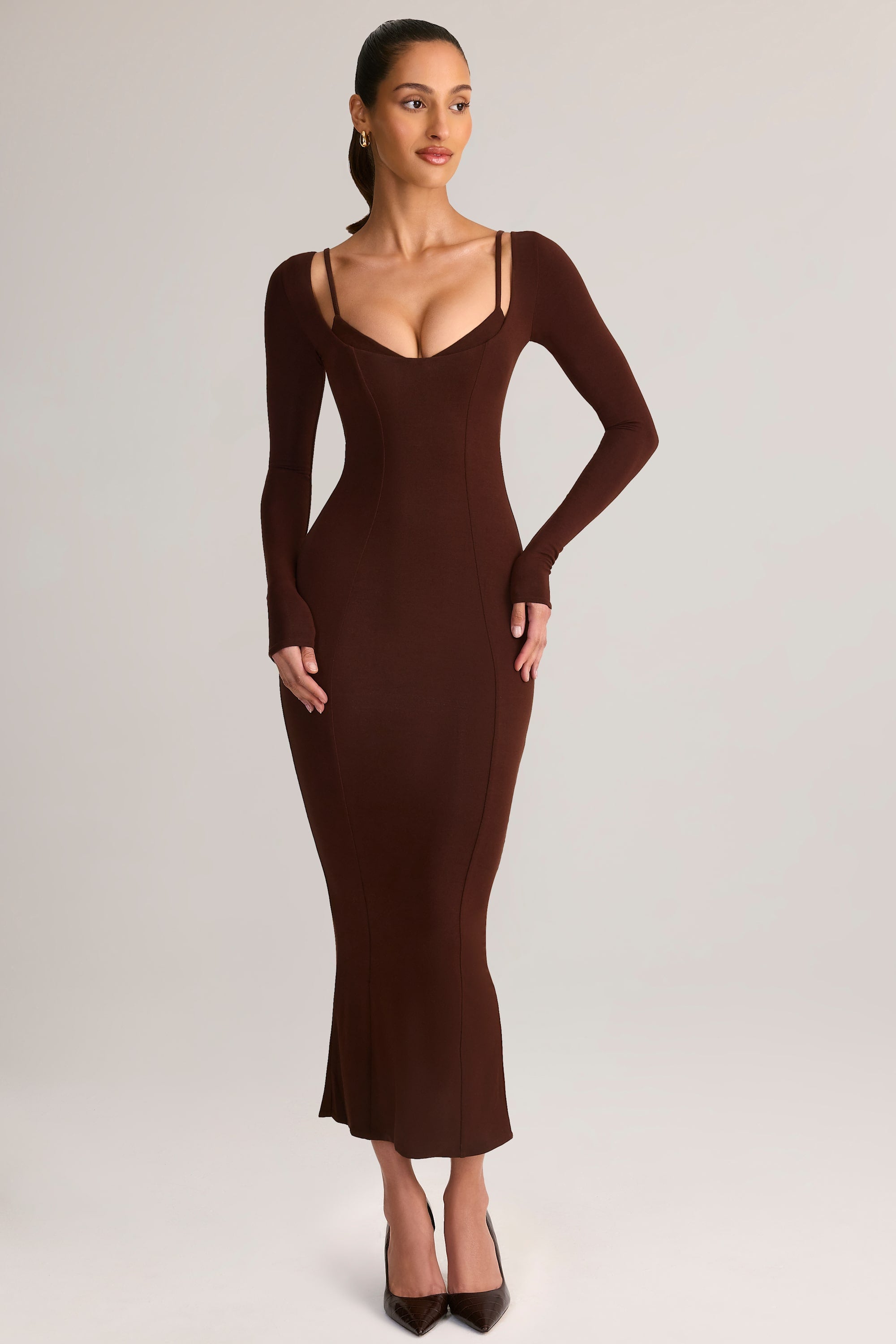 Modal Peekaboo Long-Sleeve Midi Dress in Chocolate Brown - XXL