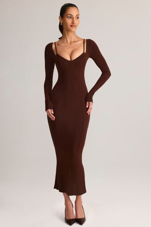 Modal Peekaboo Long-Sleeve Midi Dress in Chocolate Brown - XXL | Oh Polly Modal Peekaboo Long-Sleeve Midi Dress in Chocolate Brown - XXL | Oh Polly