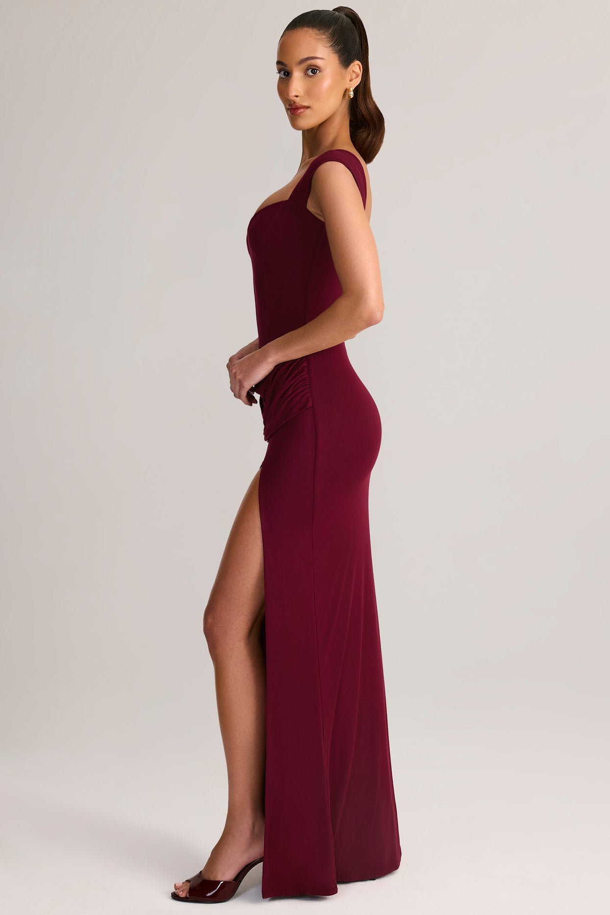 Modal Sweetheart-Neck Cowl-Waist Maxi Dress in Wine - 8