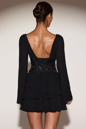 Embellished Corset A-line Mini Dress in Black