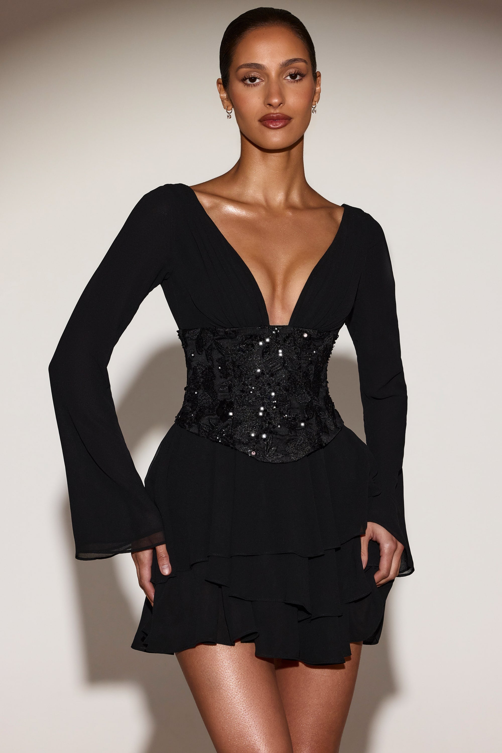 Reinara Embellished Corset Mini Dress in Black