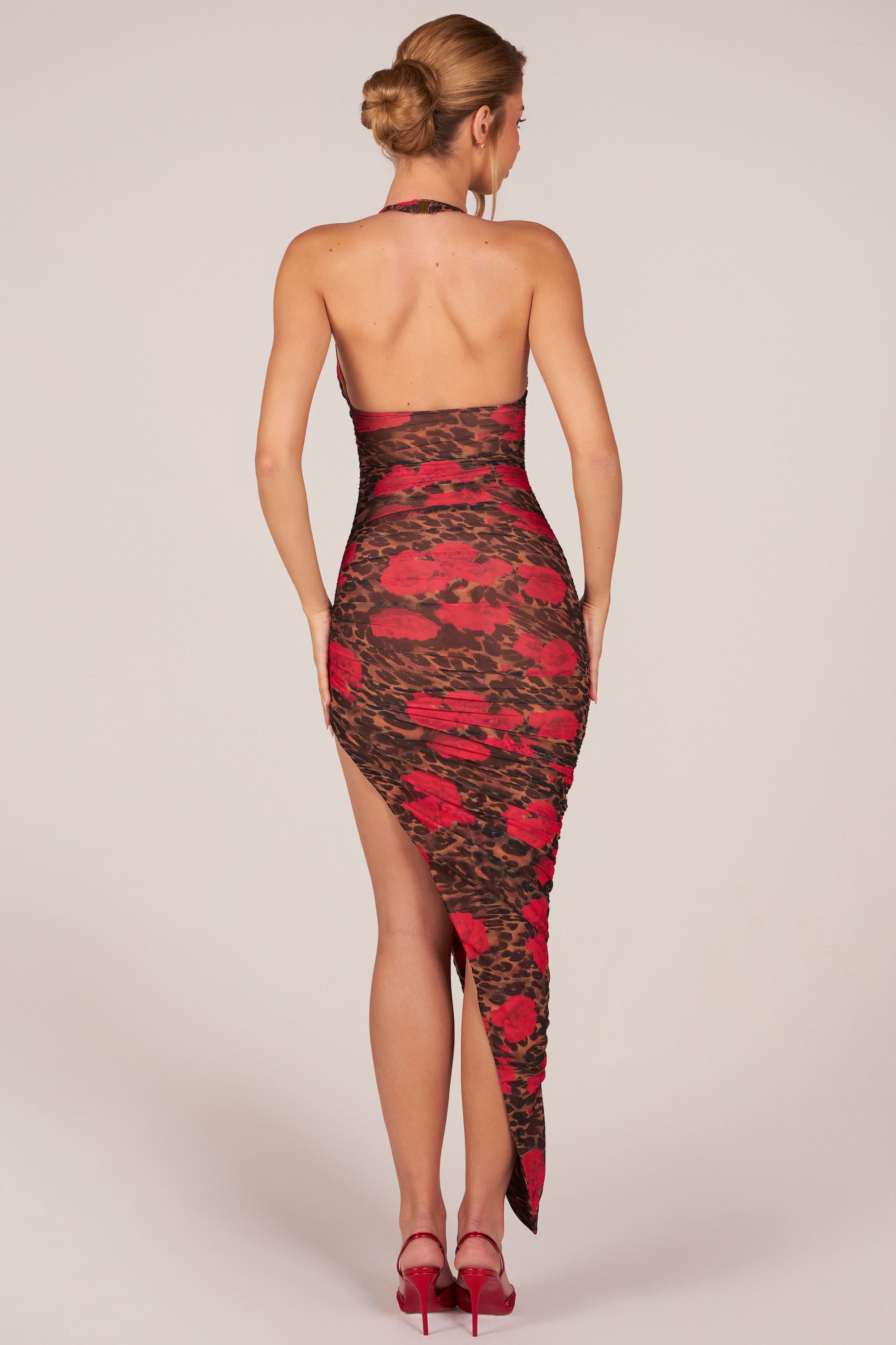 Storie Halterneck Split Hem Midaxi Dress in Rose Leopard Print