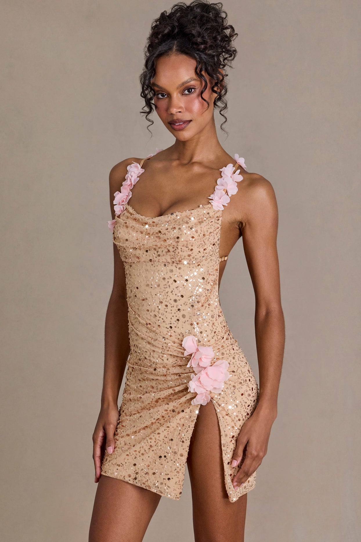 Embellished Open-Back Mini Dress in Gold - 6