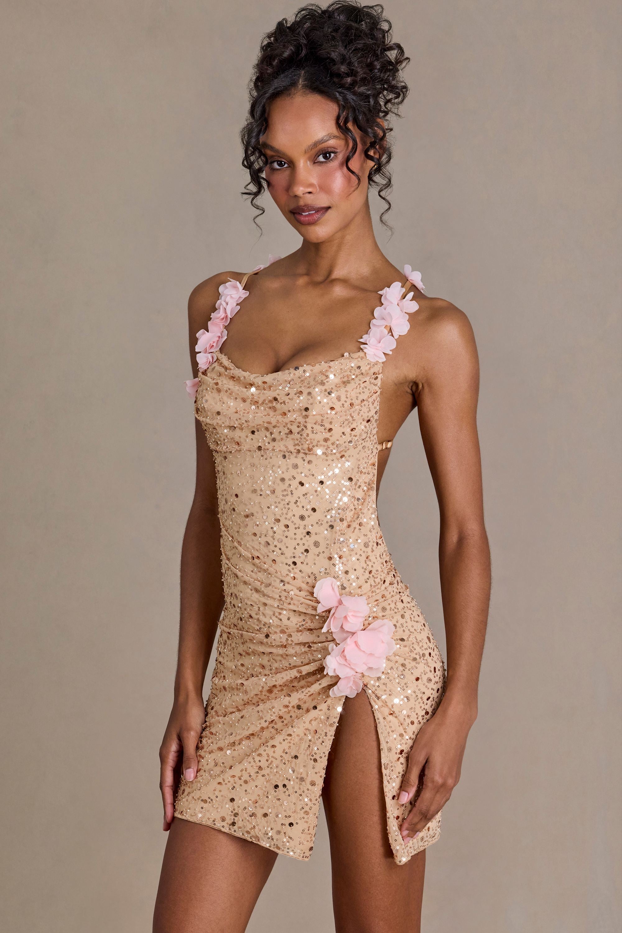 Embellished Open-Back Mini Dress in Gold