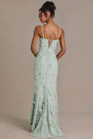 Premium Embellished Corset Gown in Sage Green