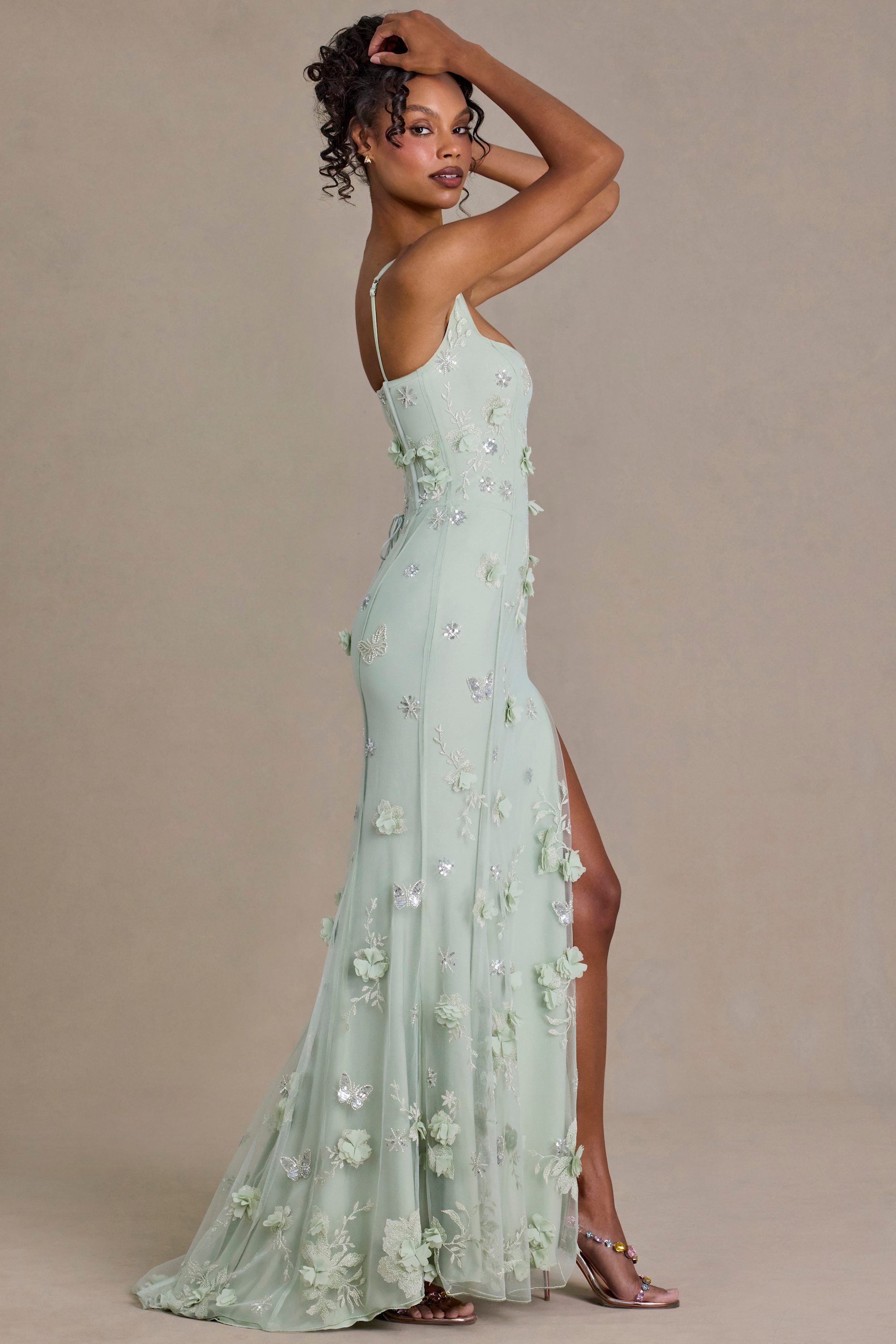 sage green dress Embellished Corset Gown in - 2 97% Polyester Sage Green Floral Jacquard One-Shoulder