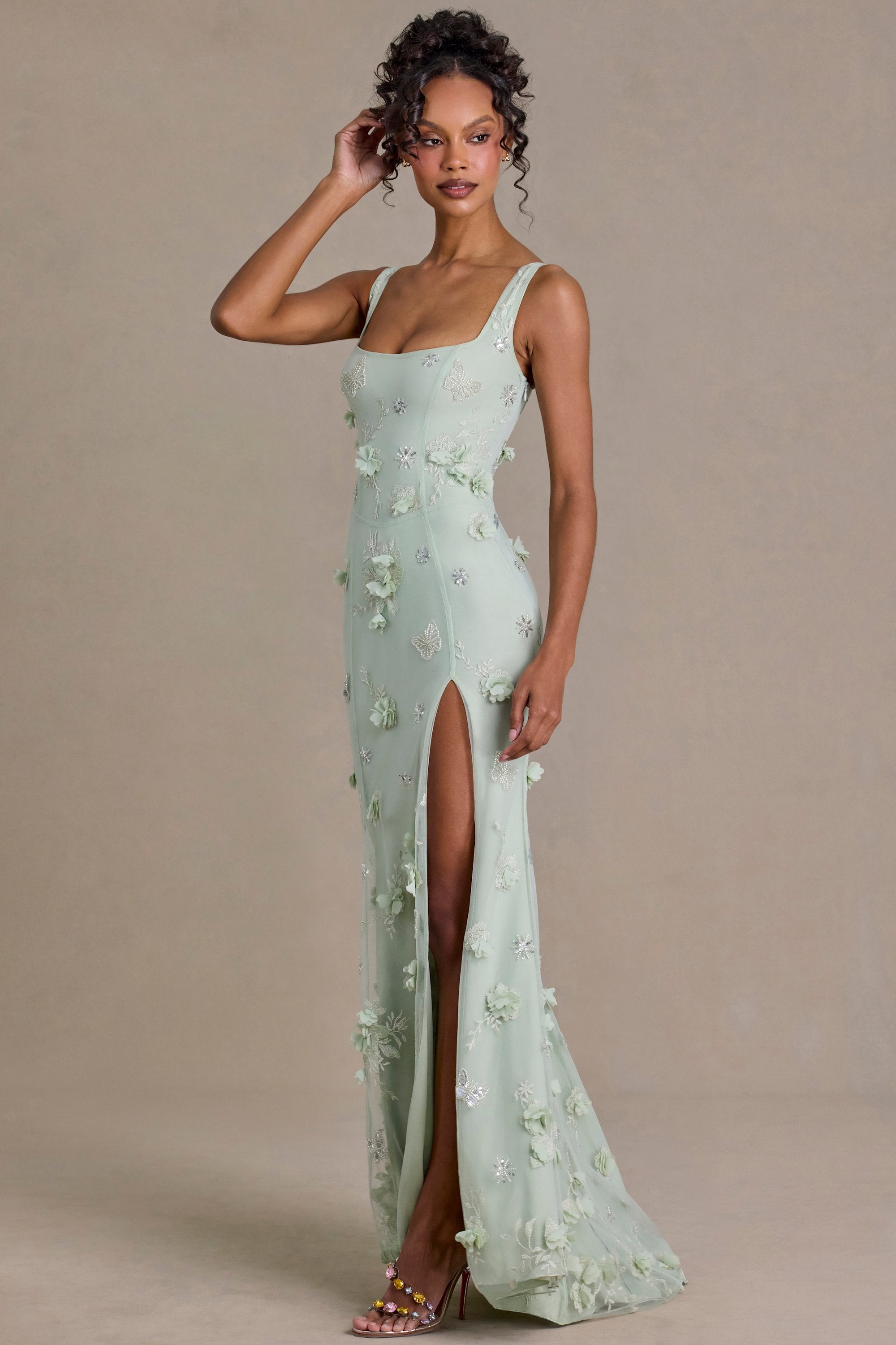 women's sage green dress Satin Long With Beaded Lace Appliqu Line Style Fabric Sage Green Long Wrap Crepe