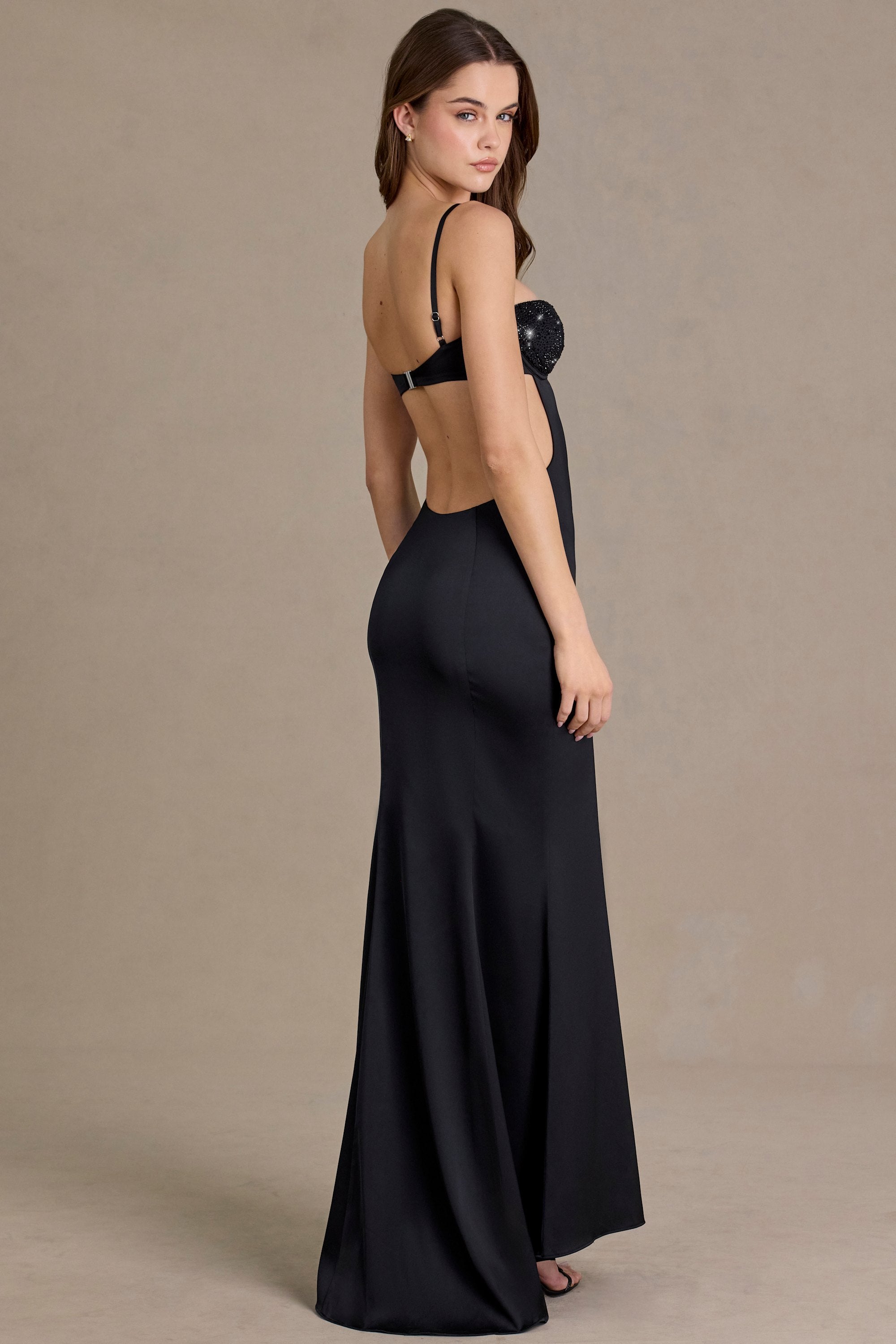 Satin Embellished Bralette Gown in Black