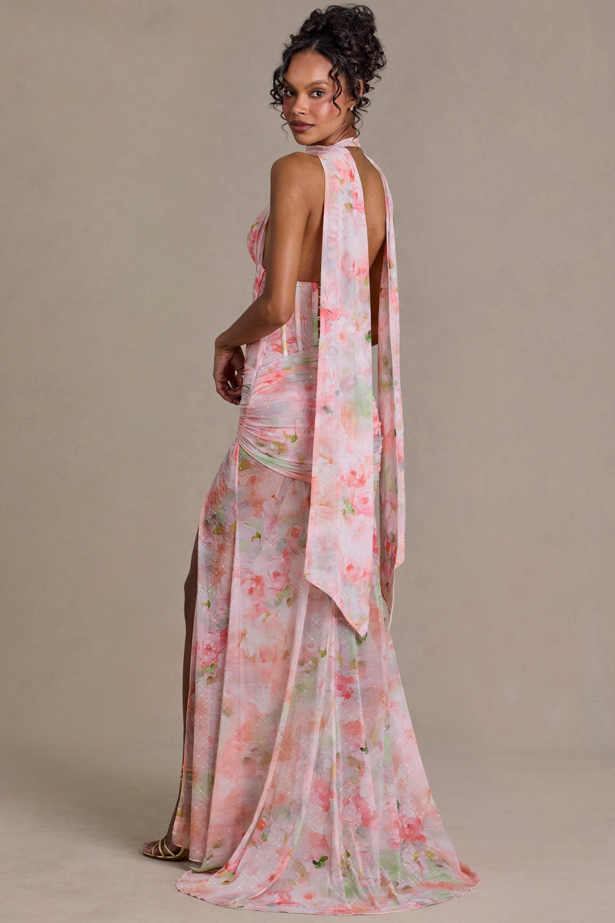Primrose Premium Embellished Scarf-Detail Maxi Dress in Pink Floral Print