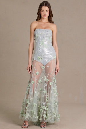 Premium Embellished Tulle Corset Gown in Sage Green