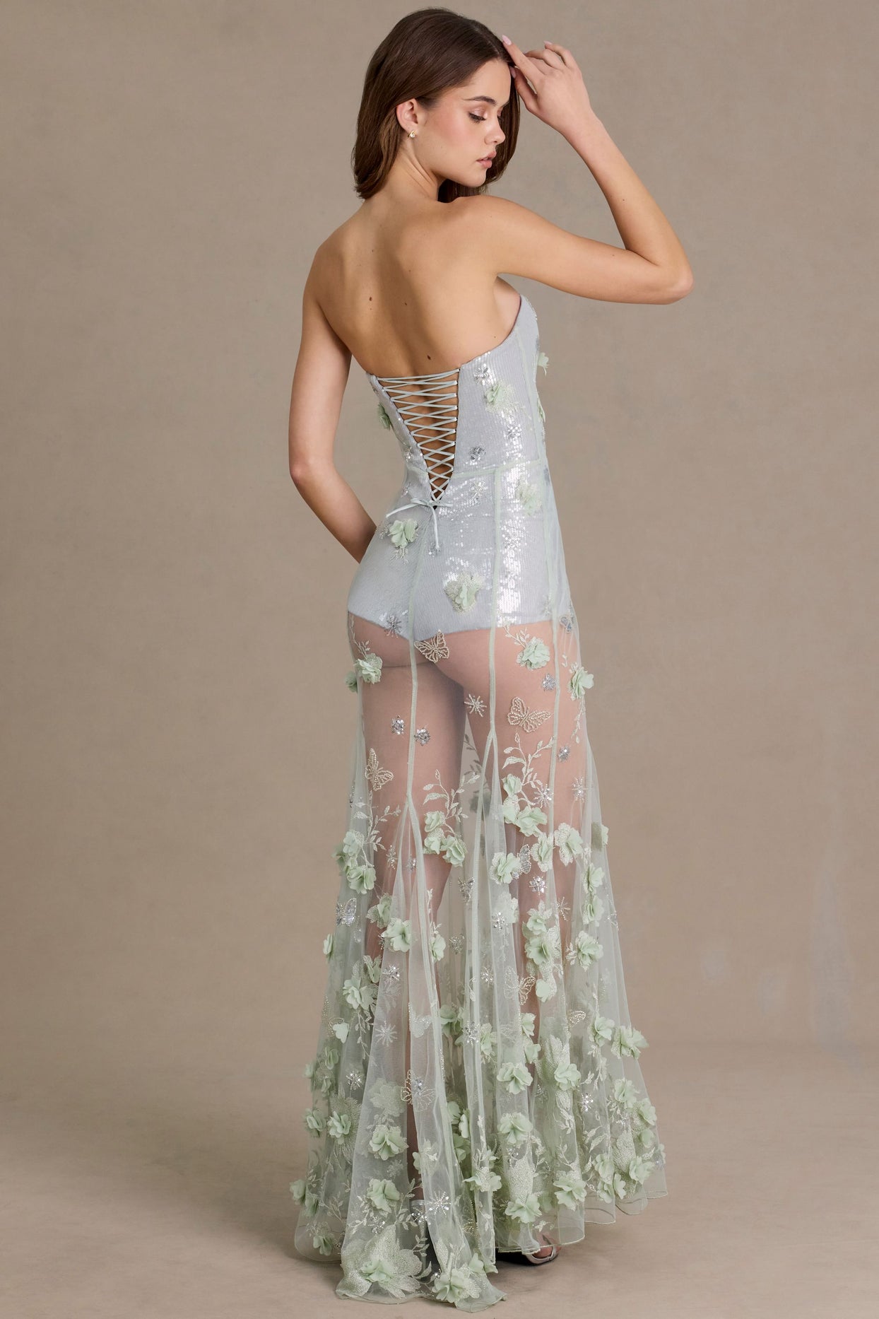 Embellished Tulle Corset Gown in Sage Green - 6