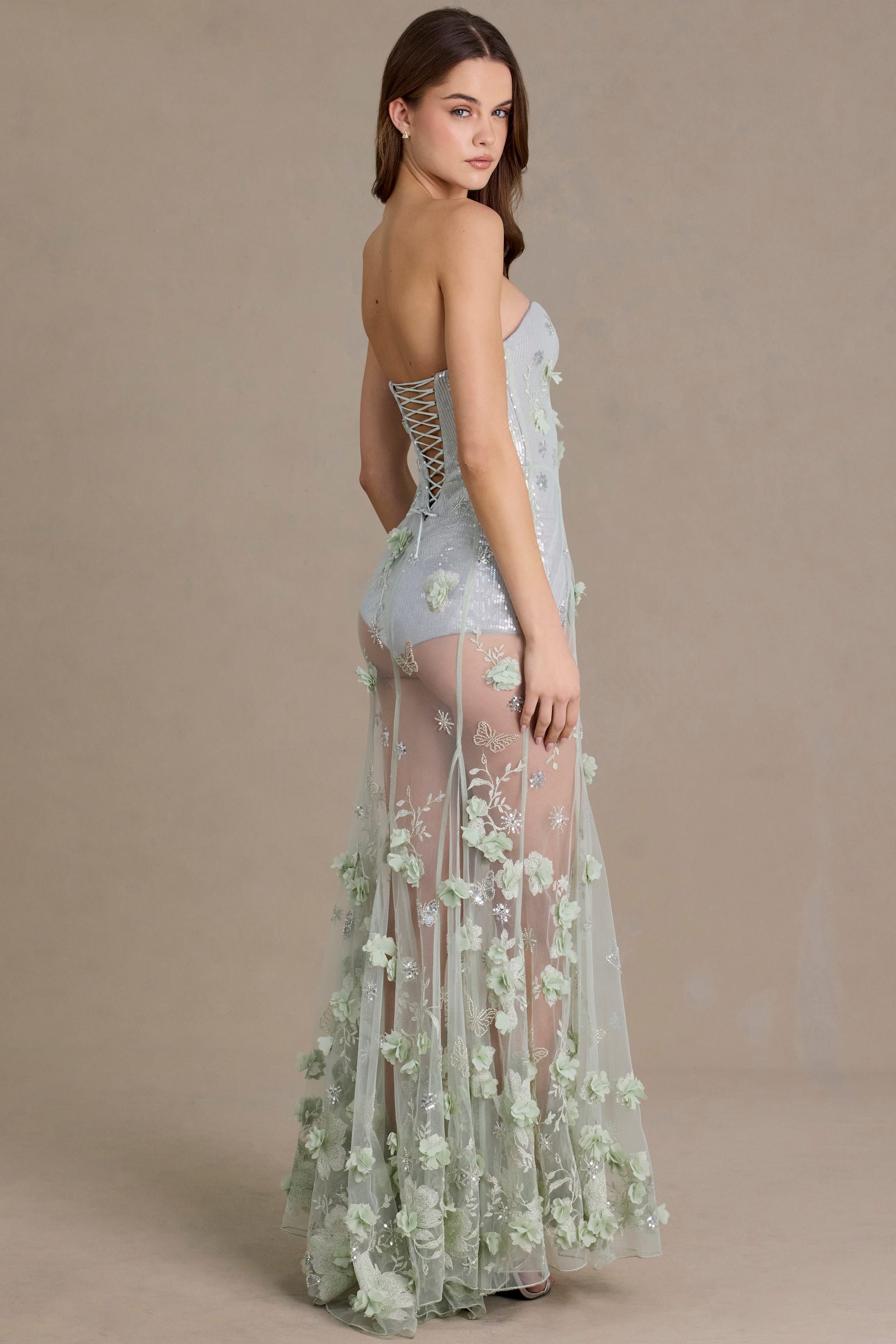 Estella Premium Embellished Tulle Corset Gown in Sage Green