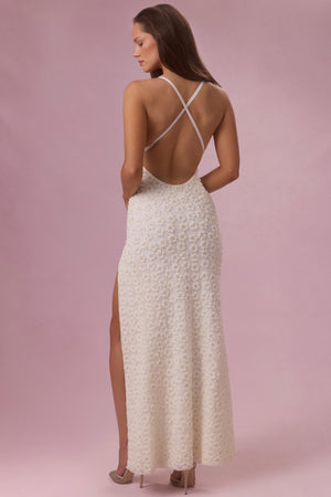Embellished Square Neck Maxi Dress in Pearl - M