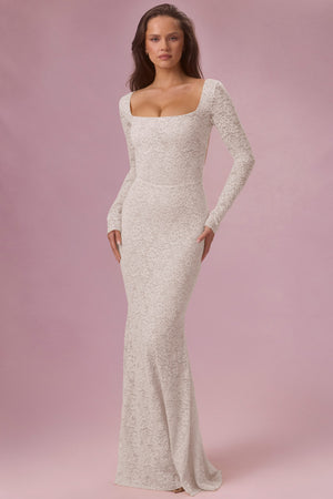 Lace Long-Sleeve Maxi Dress in Pearl - XL