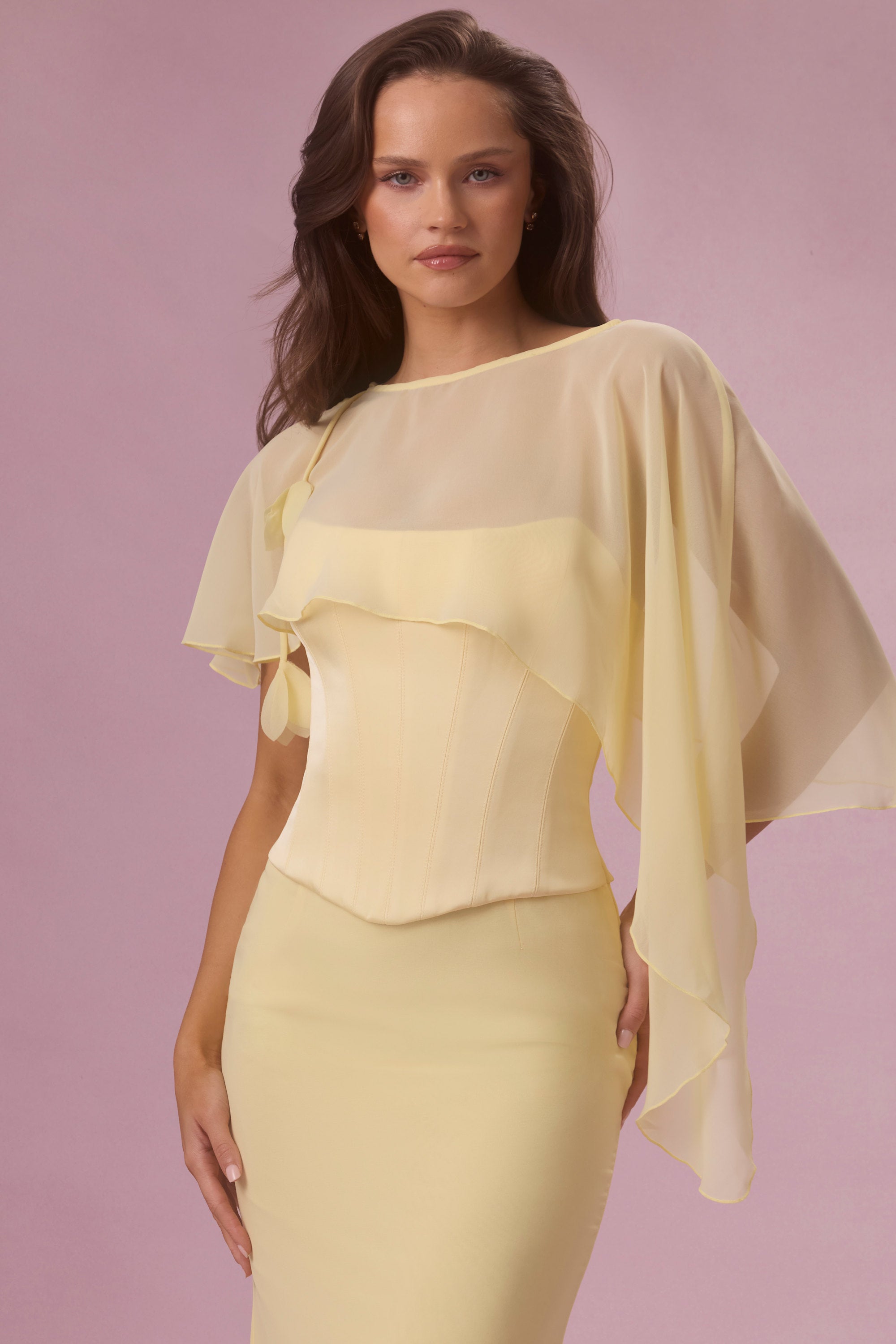 cape dress yellow Final Sale Luxury Beaded Evening with SS570 The ASOS DESIGN exaggerated cape maxi dress in lemon offers a striking silhouette with its elegant cape overlay and plunge neck design Chiffon Cape in Butter -