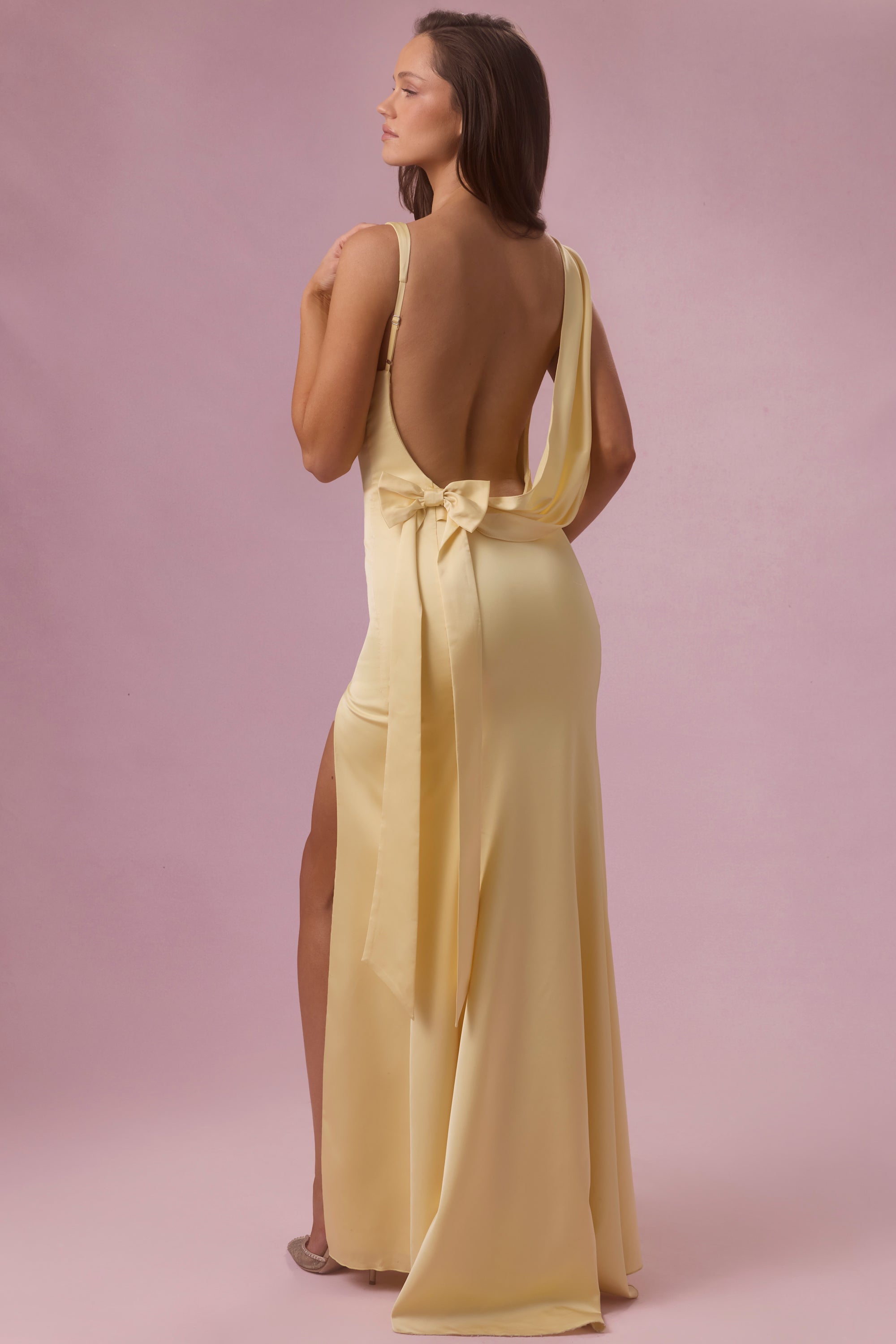 butter yellow bridesmaid dress RAINEY MAXI This stunning dress features a deep V Satin Draped Bridesmaid Dress in