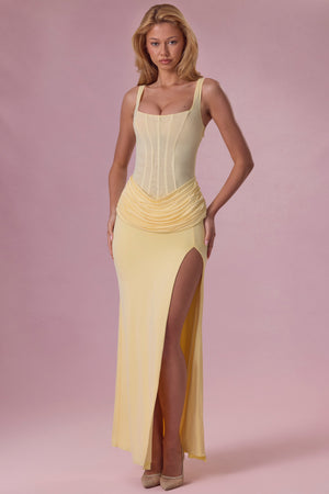 Rosina Premium Mesh Draped Gown in Butter Yellow