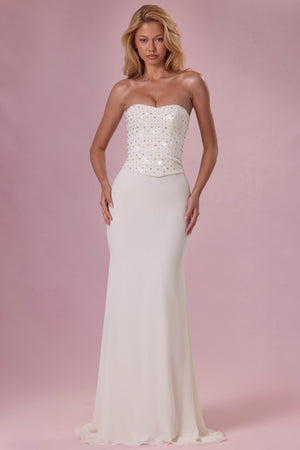 Melora Embellished Corset Strapless Gown in Ivory | Oh Polly Melora Embellished Corset Strapless Gown in Ivory | Oh Polly