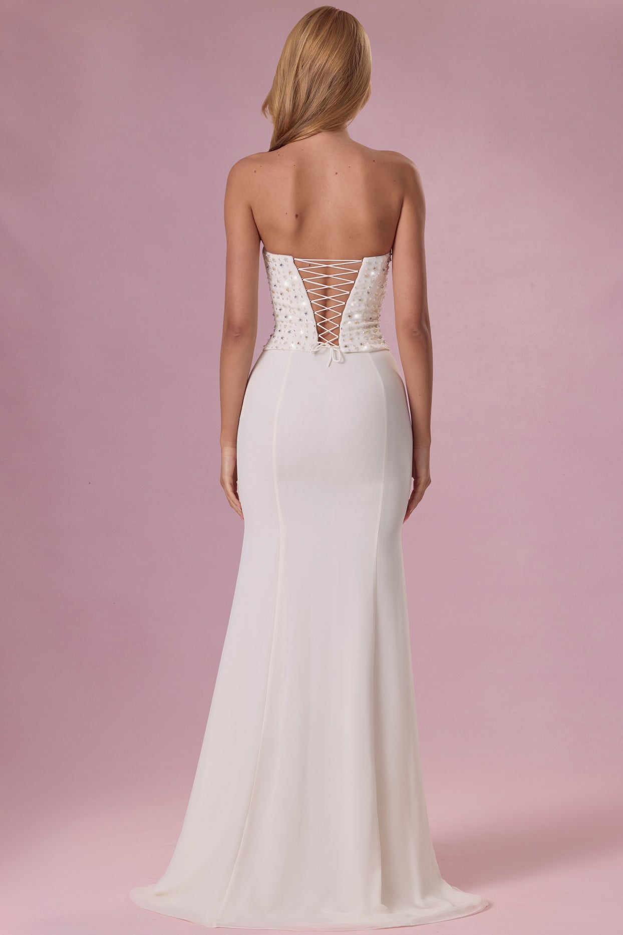 Embellished Corset Strapless Gown in Pearl - 7