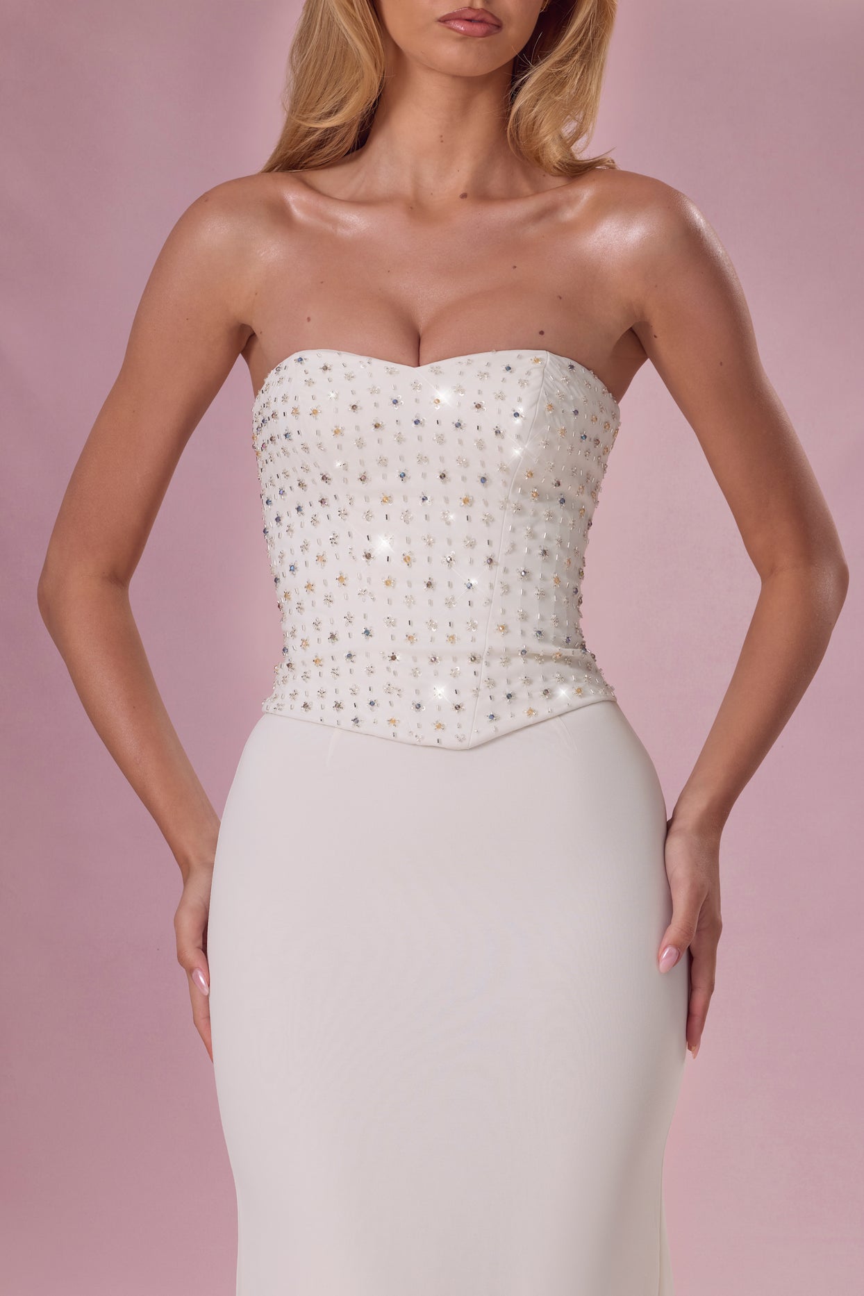 Embellished Corset Strapless Gown in Pearl - 5