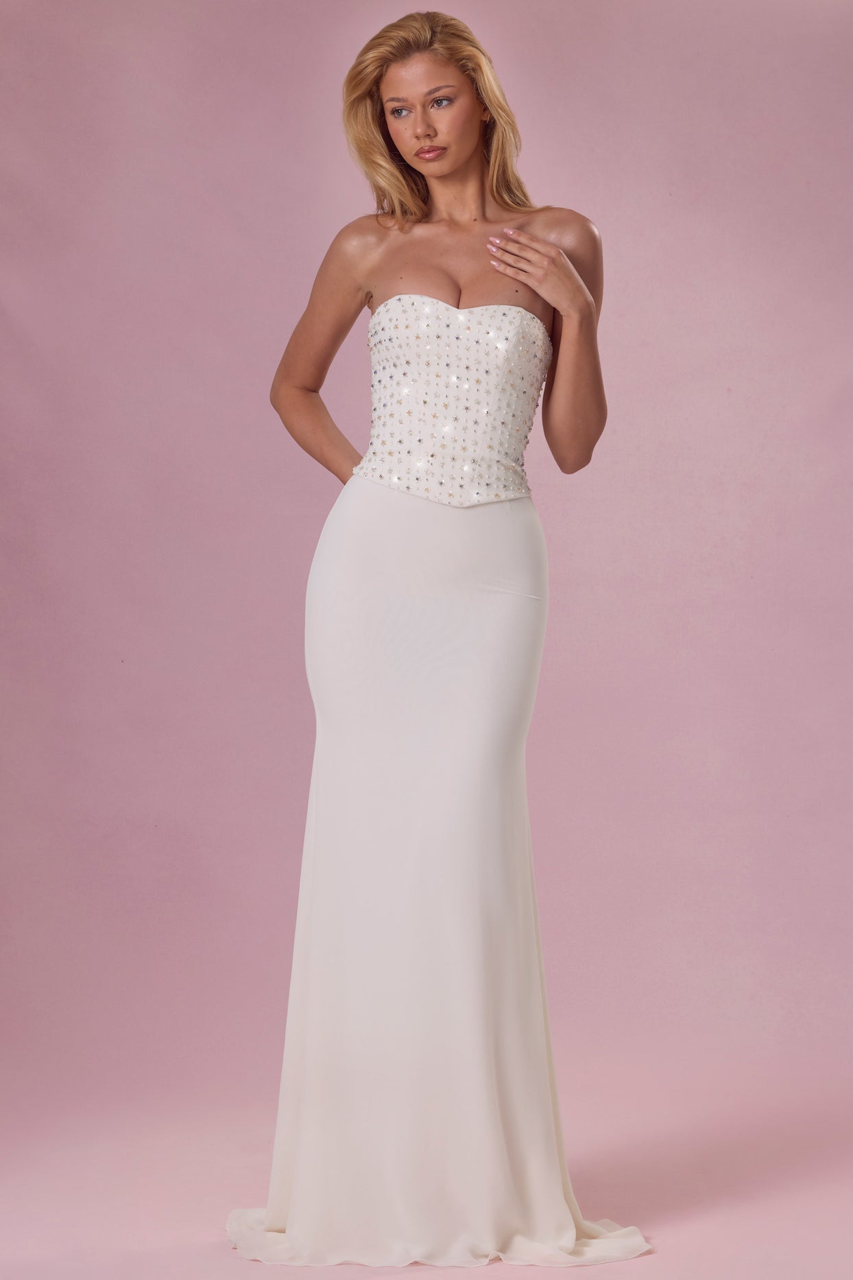 Embellished Corset Strapless Gown in Pearl - 6