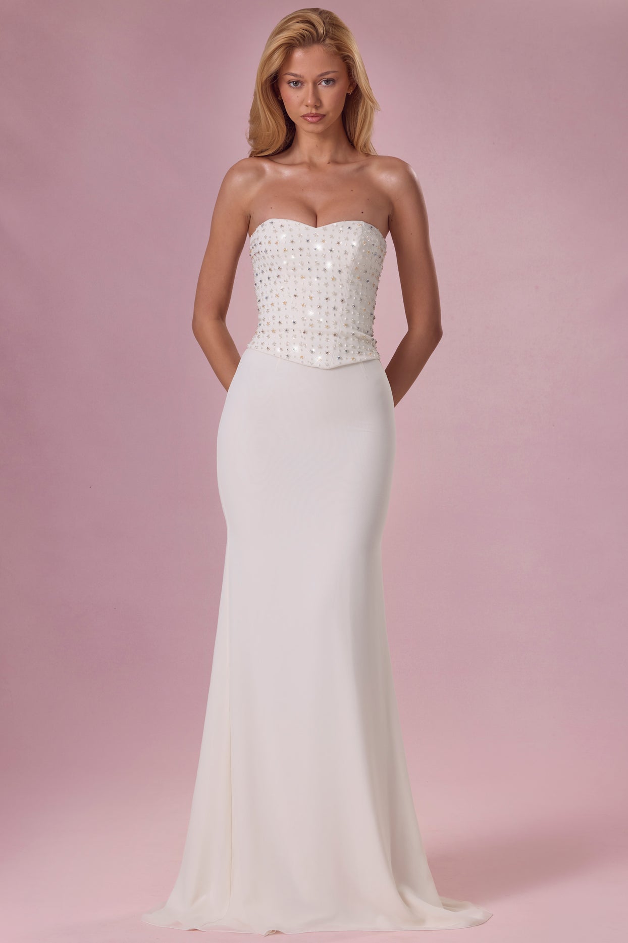 Embellished Corset Strapless Gown in Pearl - 8