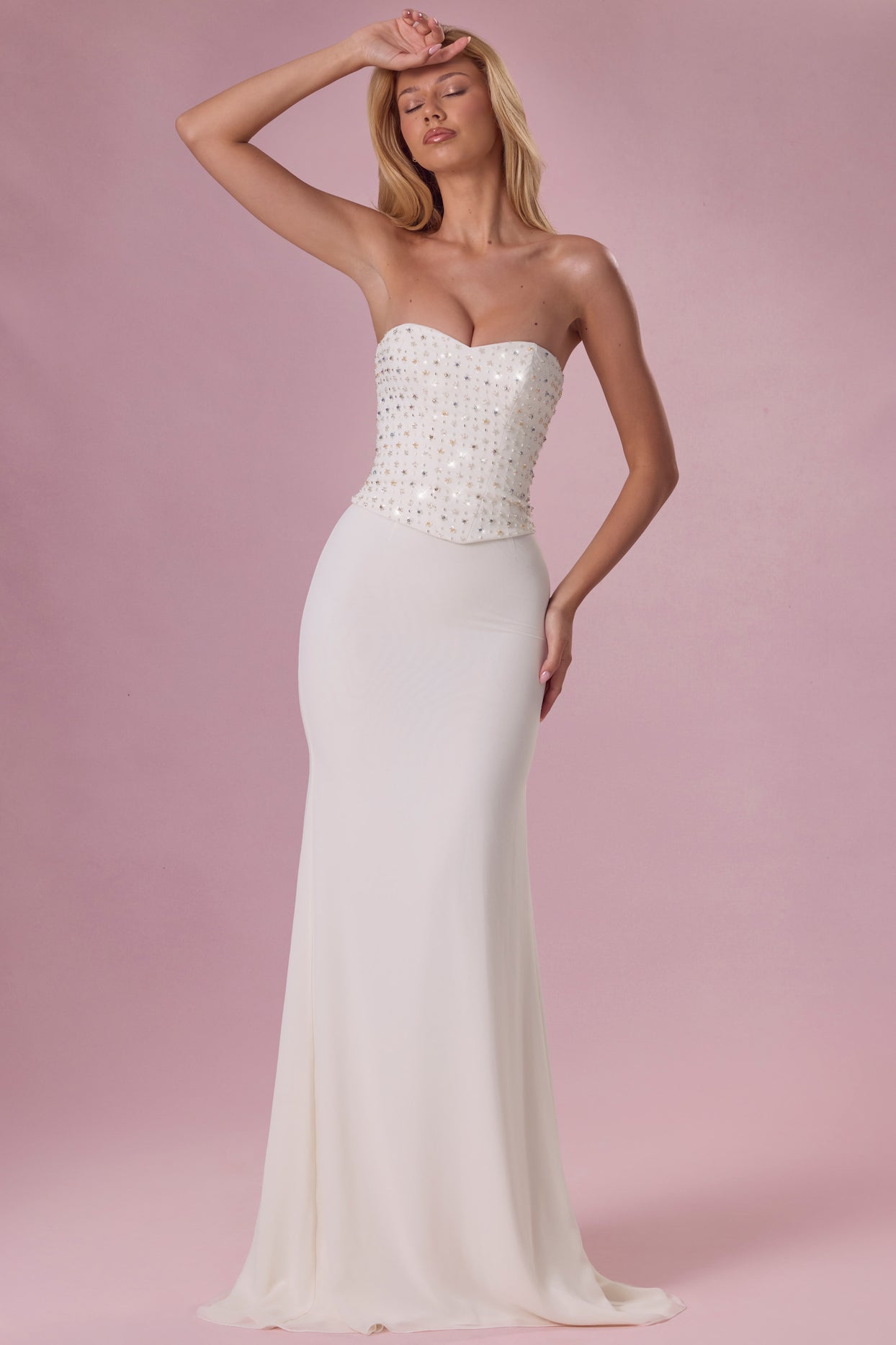 Embellished Corset Strapless Gown in Pearl - 9