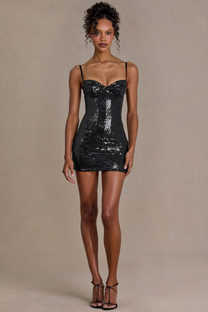 Premium Sequin Lace Corset Mini Dress in Black