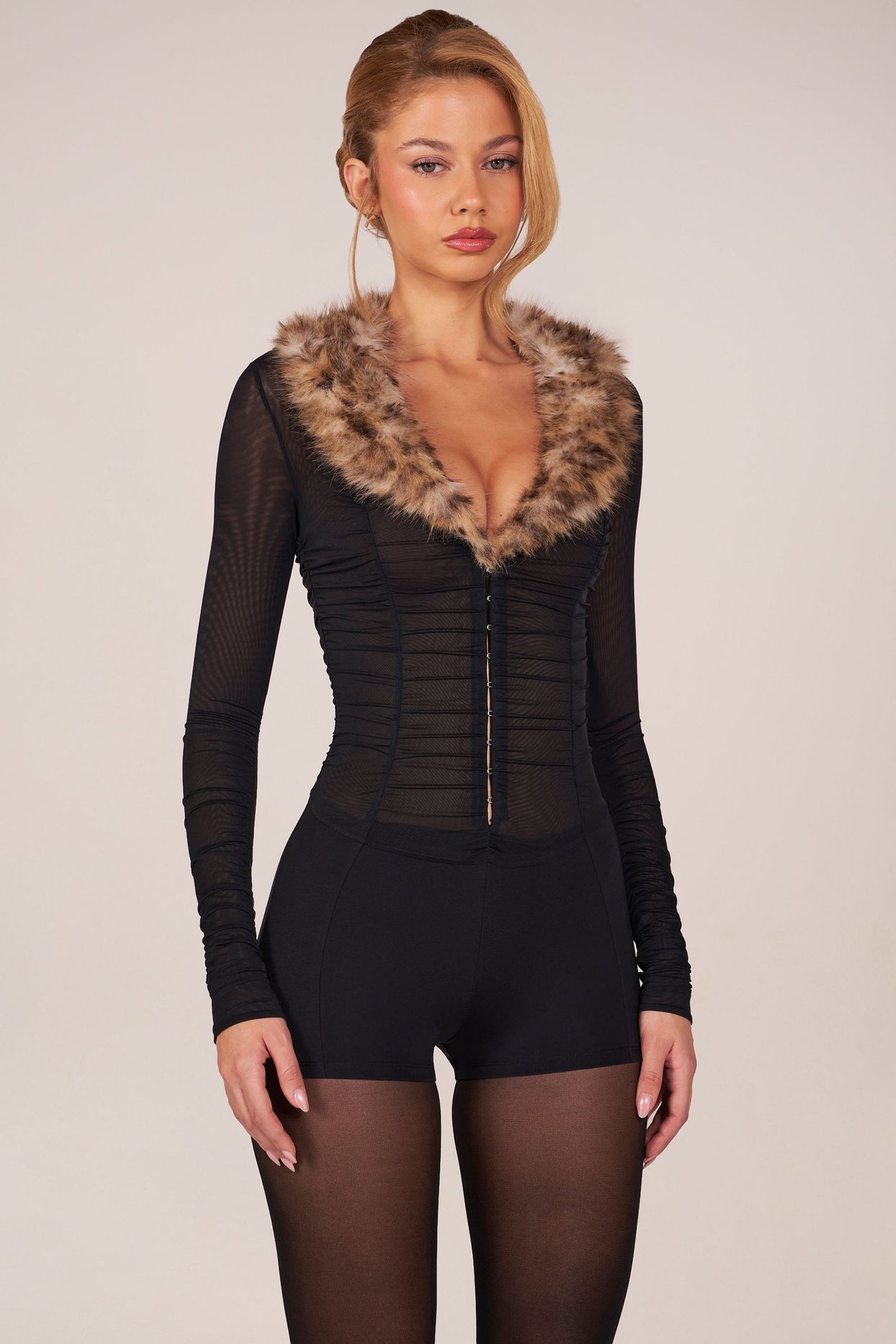 Faux Fur-Trim Playsuit in Black - 9
