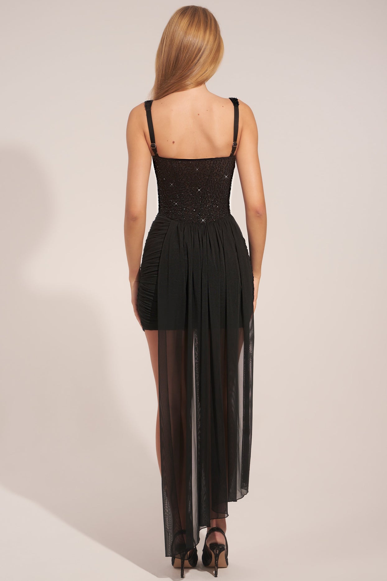 Corseted Draped Mini Dress in Black - 7