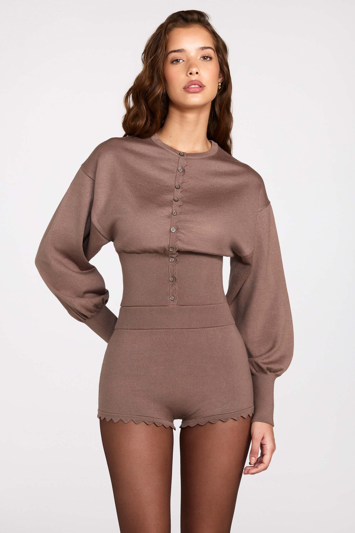 Knit Mid-Rise Mini Shorts in Mocha - 10