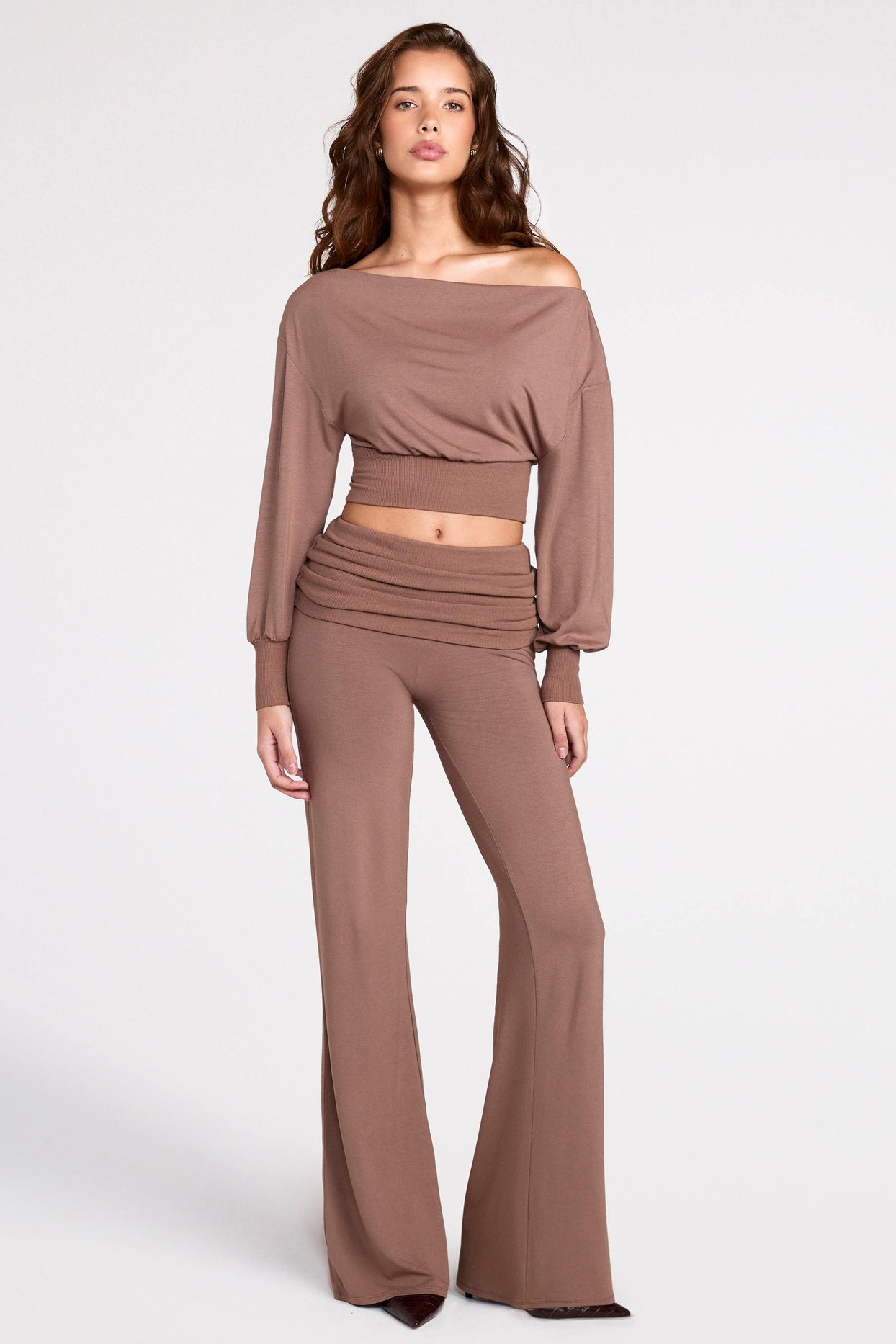 Modal Off-Shoulder Long-Sleeve Top in Mocha - 8