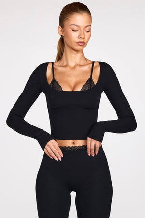 Modal Long-Sleeve Laced Bra Top in Black