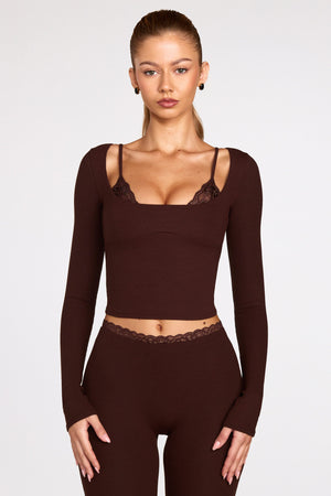 Modal Long-Sleeve Laced Bra Top in Chocolate Brown