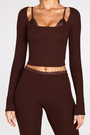 Modal Long-Sleeve Laced Bra Top in Chocolate Brown