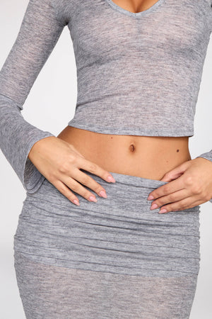 Knit Low-Rise Draped Maxi Skirt in Grey