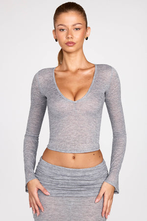 Knit Plunge Long Sleeve Top in Grey