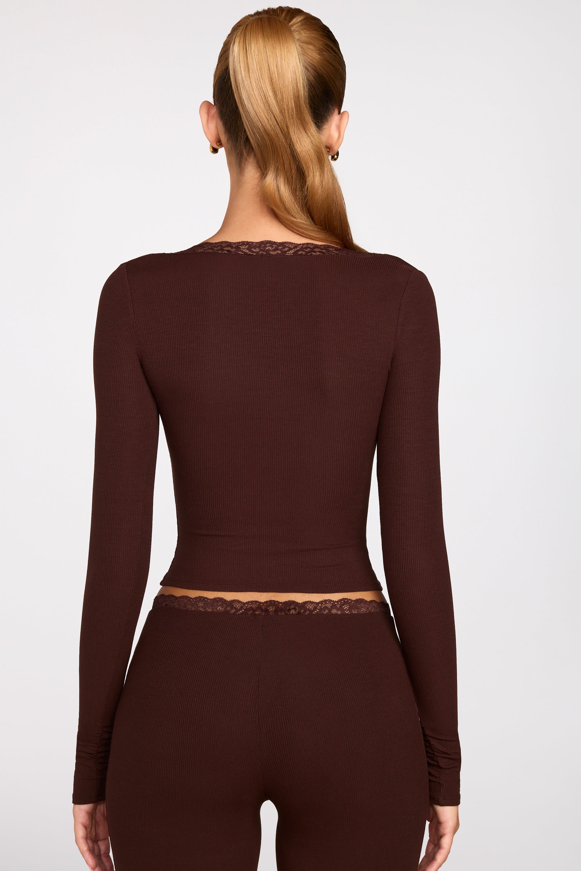 Retta Modal Square-Neck Long-Sleeve Top in Chocolate Brown | Oh