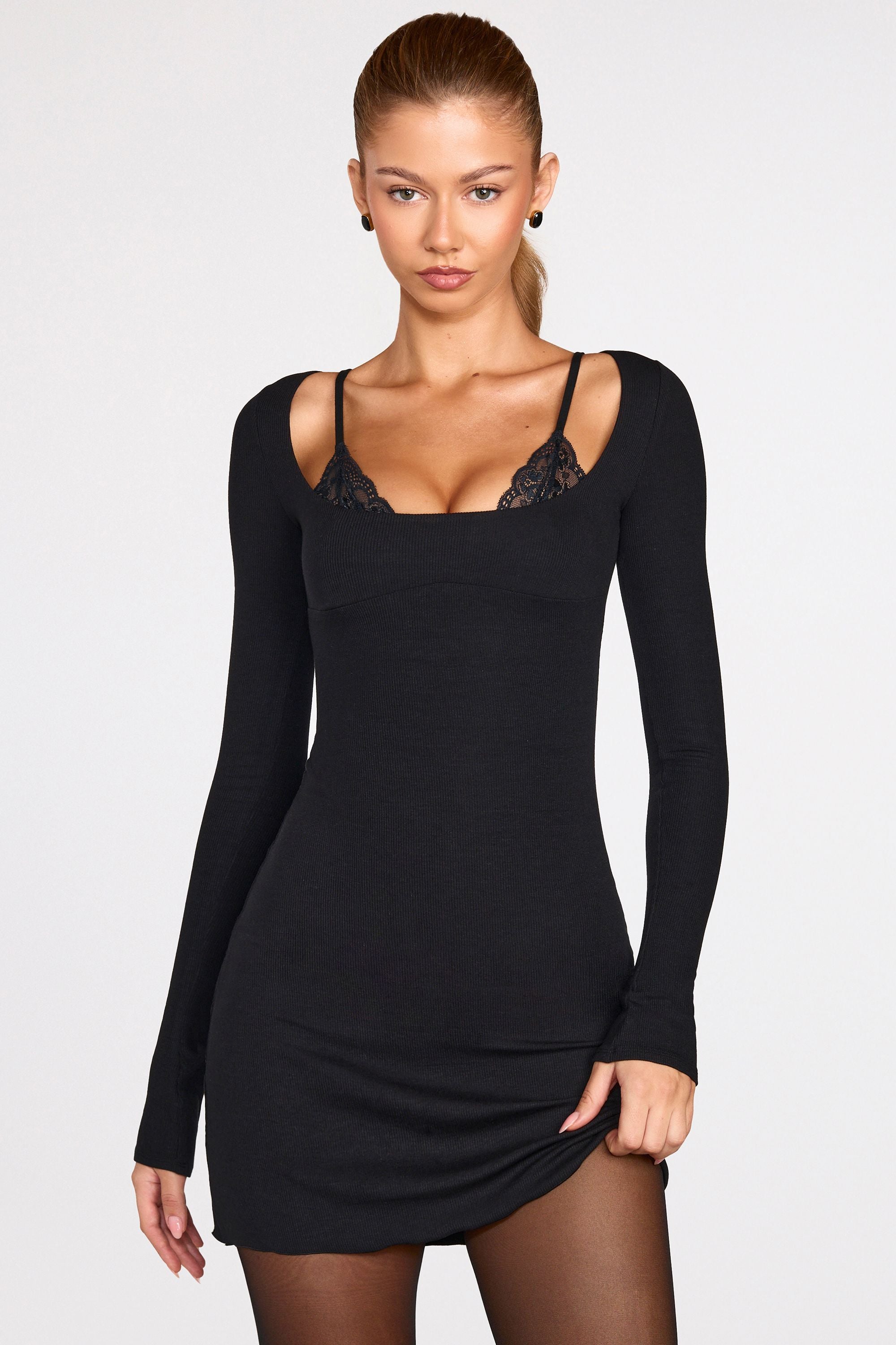 Ribbed Modal Long-Sleeve Draped Mini Dress in Black - M