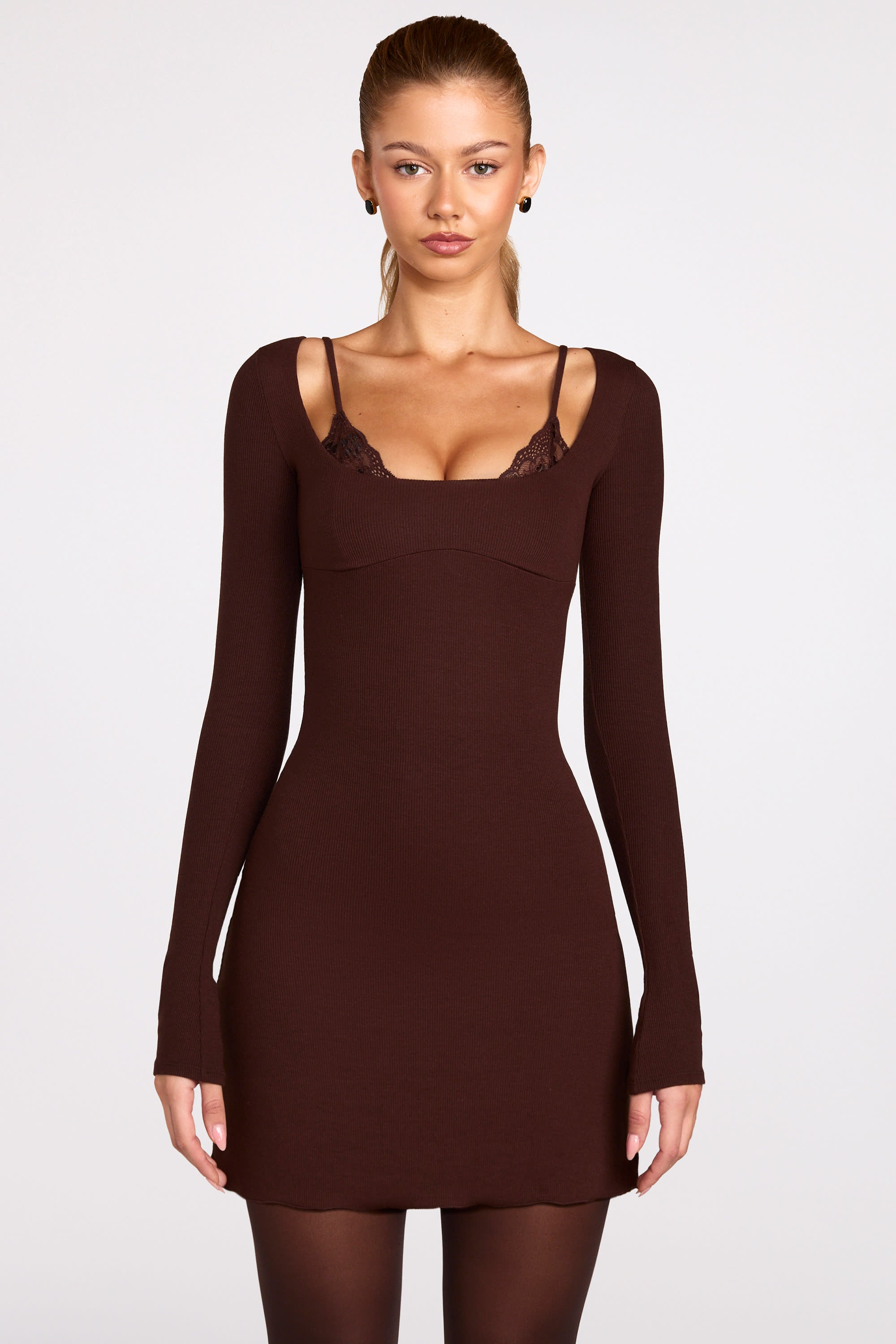 Caris Modal Long-Sleeve Laced Bra Mini Dress in Chocolate Brown