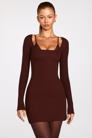 Modal Long-Sleeve Laced Bra Mini Dress in Chocolate Brown