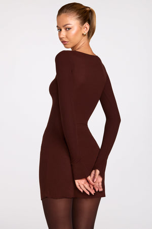 Modal Long-Sleeve Laced Bra Mini Dress in Chocolate Brown