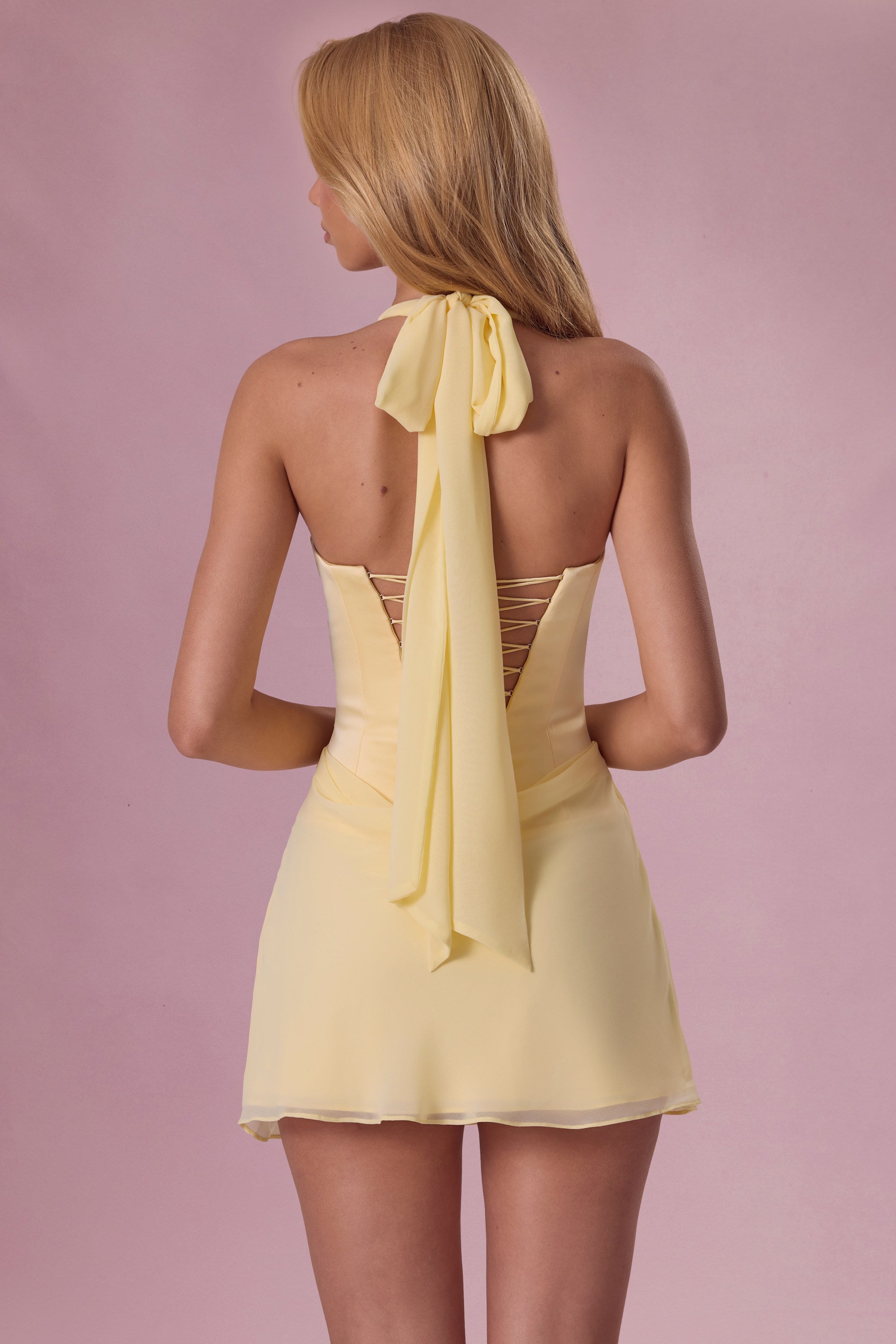 Nola Premium Satin Draped Mini Dress in Butter Yellow | Oh Polly