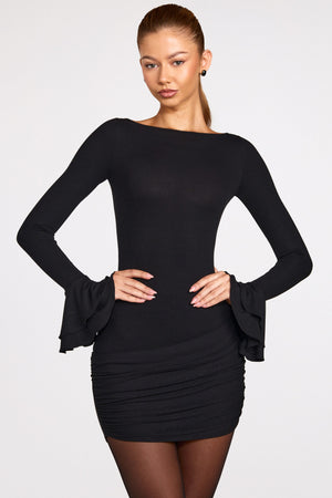 Ribbed Modal Long-Sleeve Draped Mini Dress in Black - M | Oh Polly Ribbed Modal Long-Sleeve Draped Mini Dress in Black - M | Oh Polly