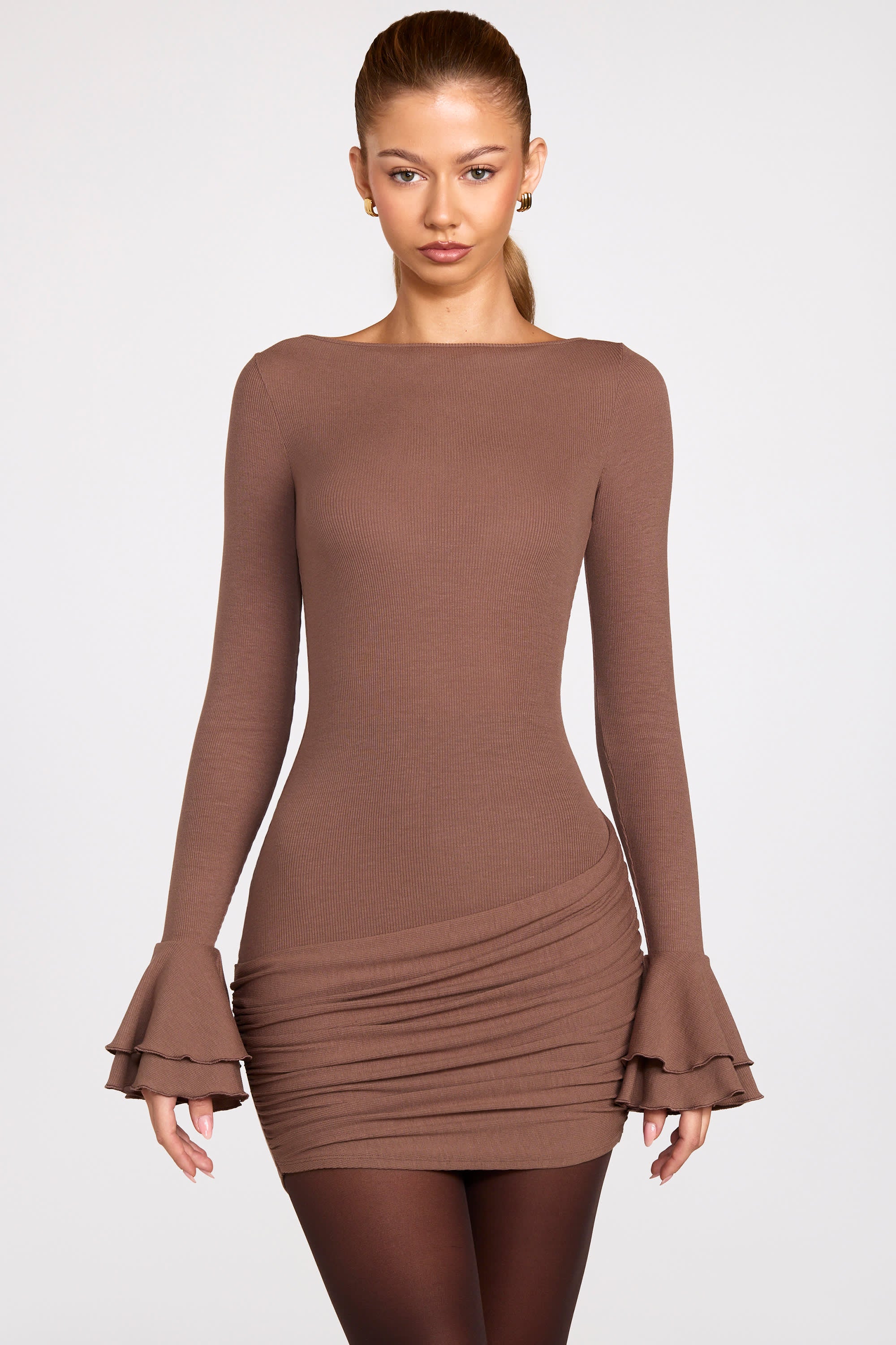 Helena Modal Long-Sleeve Draped Mini Dress in Mocha | Oh Polly