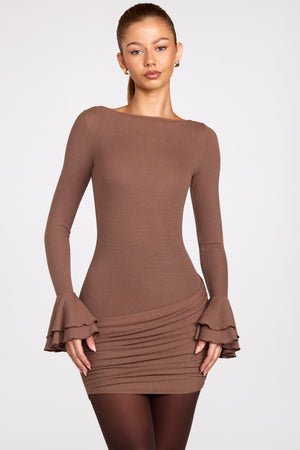 Ribbed Modal Long-Sleeve Draped Mini Dress in Mocha - L | Oh Polly Ribbed Modal Long-Sleeve Draped Mini Dress in Mocha - L | Oh Polly