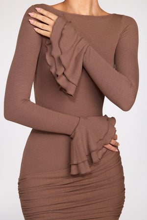 Modal Long-Sleeve Draped Mini Dress in Mocha
