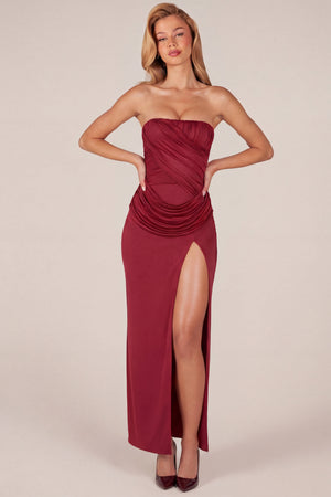 Bandeau Draped Thigh-High Maxi Dress in Wine - XXS | Oh Polly Bandeau Draped Thigh-High Maxi Dress in Wine - XXS | Oh Polly