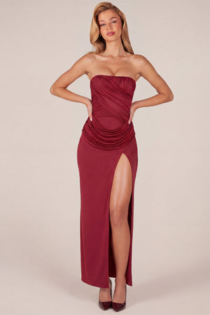 Bandeau Draped Thigh-High Maxi Dress in Cherry Red